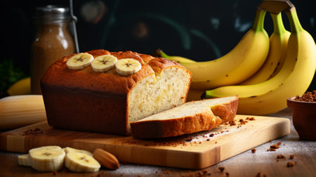 Bake banana cake on black background. Generative AIの素材