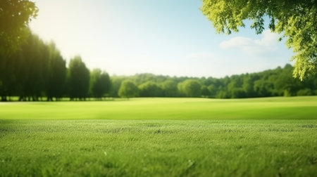 Green lawn and trees background with copyspace. Nature background concept. Generative AIの素材