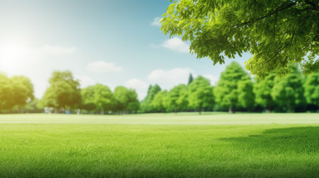 Green lawn and trees background with copyspace. Nature background concept. Generative AIの素材