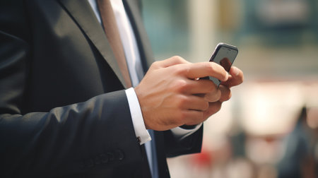 Businessman using smartphone on blur background. Generative AIの素材