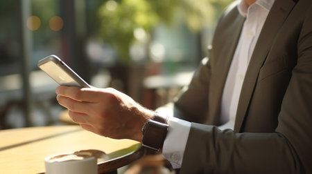 Businessman using smartphone on blur background. Generative AIの素材