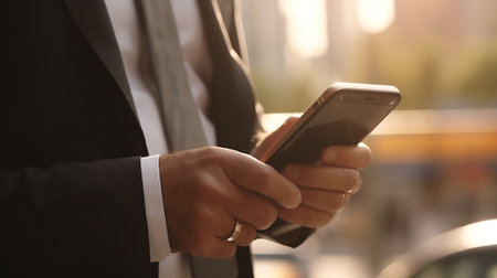 Businessman using smartphone on blur background. Generative AIの素材