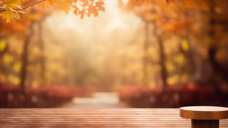 Wood podium with fall background. Generative AI.の素材