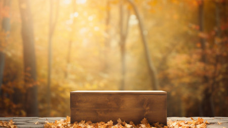 Wood podium with fall background. Generative AI.の素材