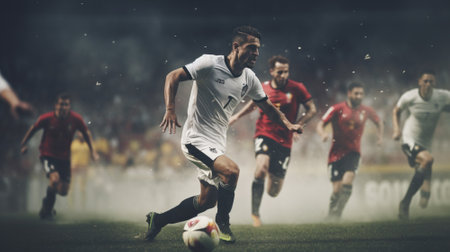 Close up of a football action scene. Close up of a soccer action scene in the stadium. Generative AIの素材