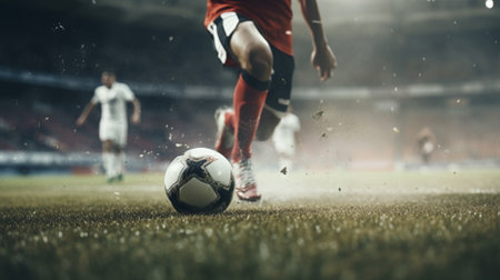 Close up of a football action scene. Close up of a soccer action scene in the stadium. Generative AIの素材