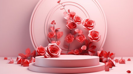 Blank podium derocation with rose. Valentine concept. Generative AIの素材