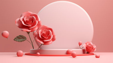 Blank podium derocation with rose. Valentine concept. Generative AIの素材