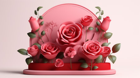Blank podium derocation with rose. Valentine concept. Generative AIの素材