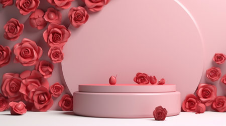 Blank podium derocation with rose. Valentine concept. Generative AIの素材