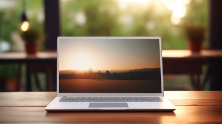 Blank screen laptop computer with opened lid on table in meeting room of office workspace. Generative AIの素材