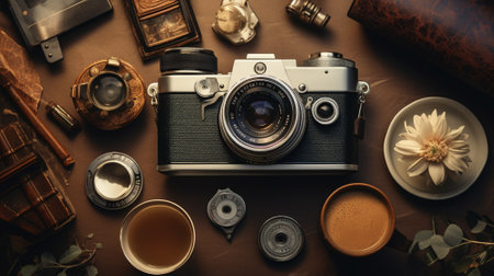 Vintage camera. top view. Generative AI.の素材