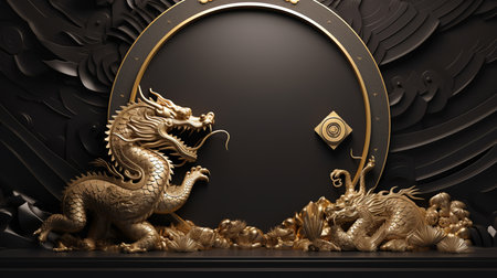 3d blank podium decoration with dragon. happy chinese new year concept. Luxury podium for your product. Generative AI.の素材