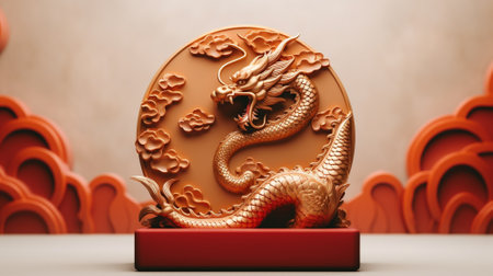 3d blank podium decoration with dragon. happy chinese new year concept. Luxury podium for your product. Generative AI.の素材