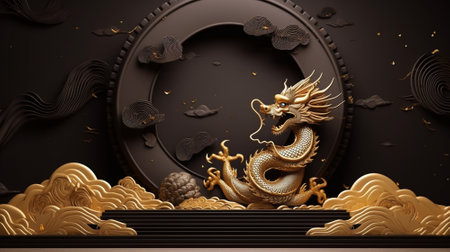 3d blank podium decoration with dragon. happy chinese new year concept. Luxury podium for your product. Generative AI.の素材