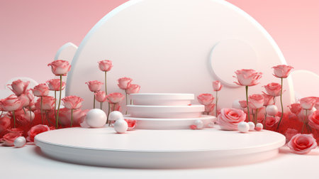 Blank podium derocation with rose. Valentine concept. Generative AIの素材