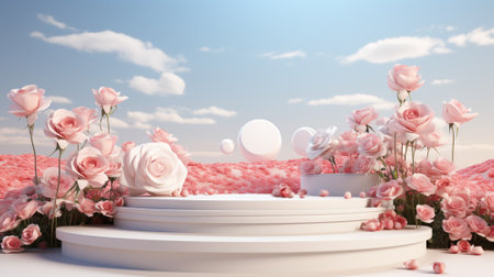 Blank podium derocation with rose. Valentine concept. Generative AIの素材