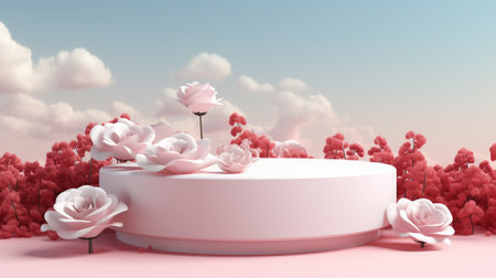 Blank podium derocation with rose. Valentine concept. Generative AIの素材