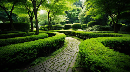 Green lawn and trees background with copyspace. Nature background concept. Generative AIの素材