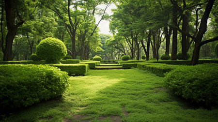 Green lawn and trees background with copyspace. Nature background concept. Generative AIの素材