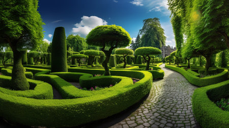 Green lawn and trees background with copyspace. Nature background concept. Generative AIの素材