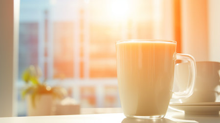 Hot milk on blur office background. Generative AI.の素材
