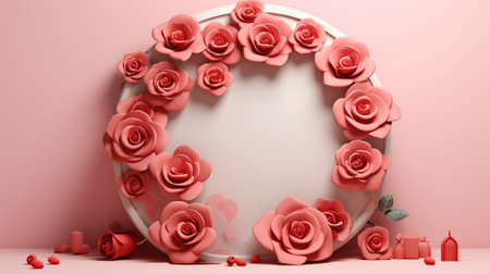 Blank podium derocation with rose. Valentine concept. Generative AIの素材