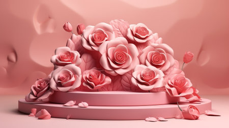 Blank podium derocation with rose. Valentine concept. Generative AIの素材