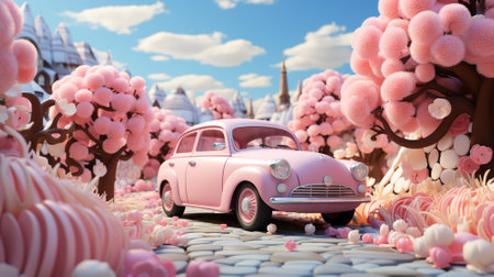 3d car on the road. Cute car concept. Generative AIの素材