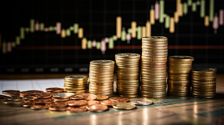 Stack of pound coins on financial graphs. Generative AIの素材