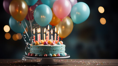 Birthday cake on blur background with studio light. Happy Birthday concept. Generative AIの素材