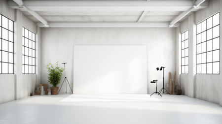 Blank white studio. White background studio. Generative AI.の素材