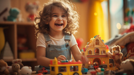Happy kid playing toys in bedroom.の素材