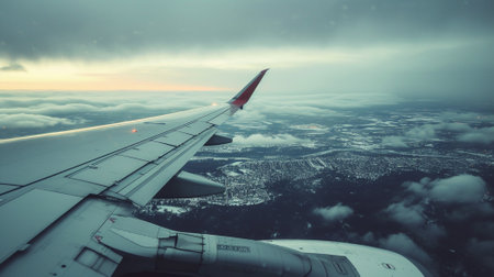 A single wing of an airplane. Background with copyspace. Travel concept. Generative AI.の素材