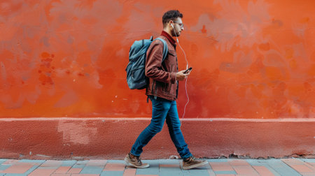 Full length side student man walking with smartphone and earphones. Generative AIの素材