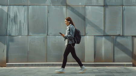 Full length side student woman walking with smartphone and earphones. Generative AIの素材