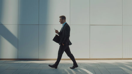 Full length side portrait businessman walking with smartphone and earphonesの素材