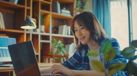 Young school student, remote worker learning watching online. Generative AI.の素材