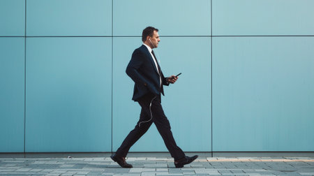 Full length side portrait businessman walking with smartphone and earphonesの素材