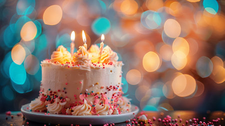 Birthday cake on blur background with studio light. Happy Birthday concept. Generative AIの素材