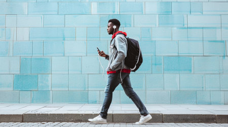 Full length side student man walking with smartphone and earphones. Generative AIの素材