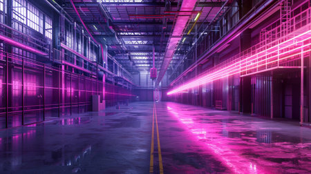 Modern large werehouse with neon light. Building concept. Ganarative AIの素材