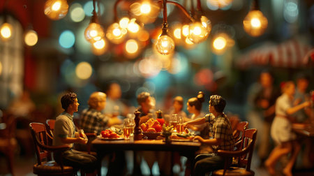 Miniature people. A family dinner at restaurantの素材