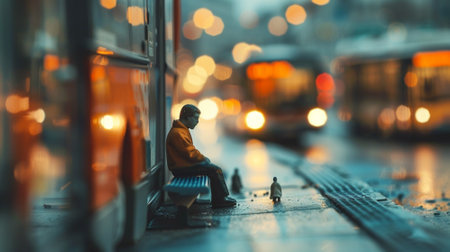 Miniature people. A traveler sitting at bus stationの素材