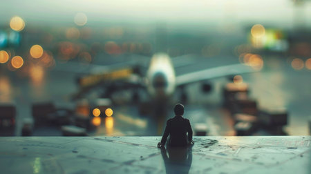 Miniature people. A traveler sitting at the airportの素材
