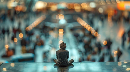 Miniature people. A traveler sitting at the airportの素材
