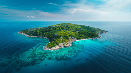 A beautiful island like being in paradise. Surrounded by the blue sea, the clear sky. Aerial view.の素材
