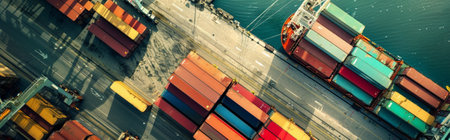 Aerial front view of a loaded container cargo vessel traveling over calm ocean. Generative AIの素材