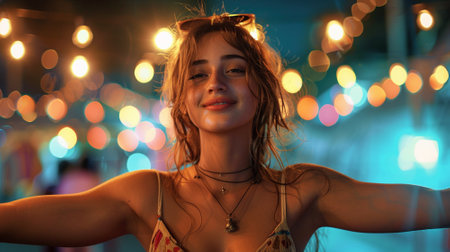 young woman dancing at night at a music festival.の素材