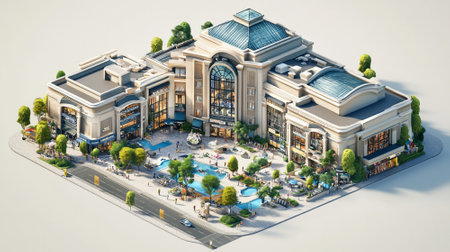 3d render of shopping mall with garden. Isometric concept.の素材
